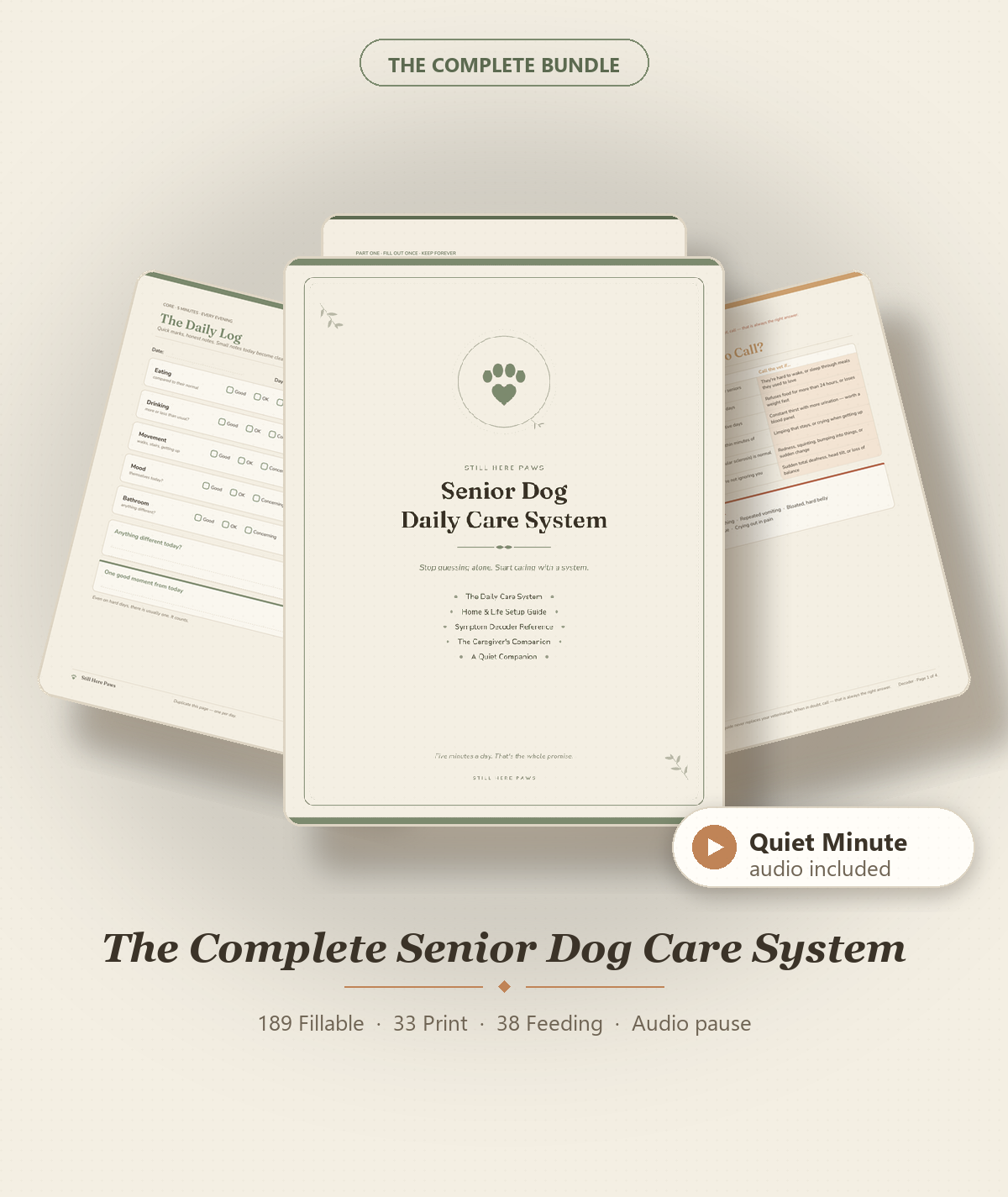 The Complete Senior Dog Care System full bundle — fillable, print, feeding companion, and audio