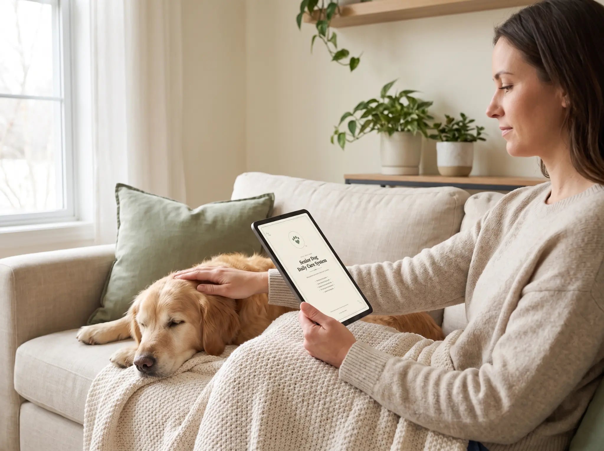A caregiver using the Senior Dog Daily Care System on a tablet beside a resting senior dog