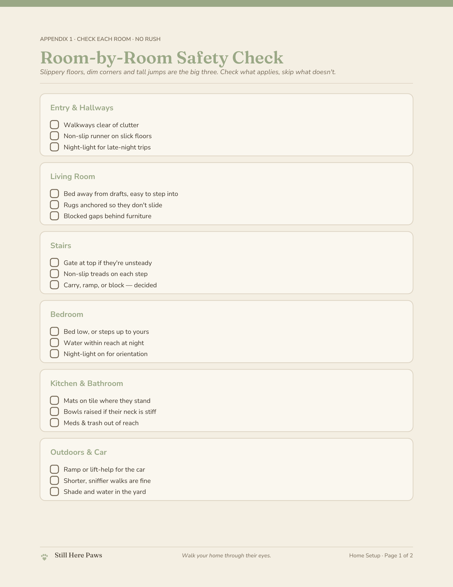 Room-by-Room Safety Check page from the Senior Dog Daily Care System